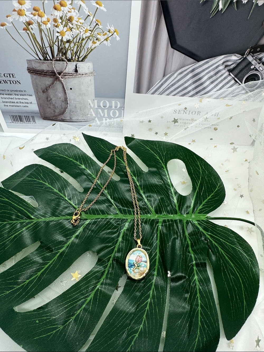 Gold-Tone Oval Locket Necklace with Blue Accent Pendant - Women Jewelry